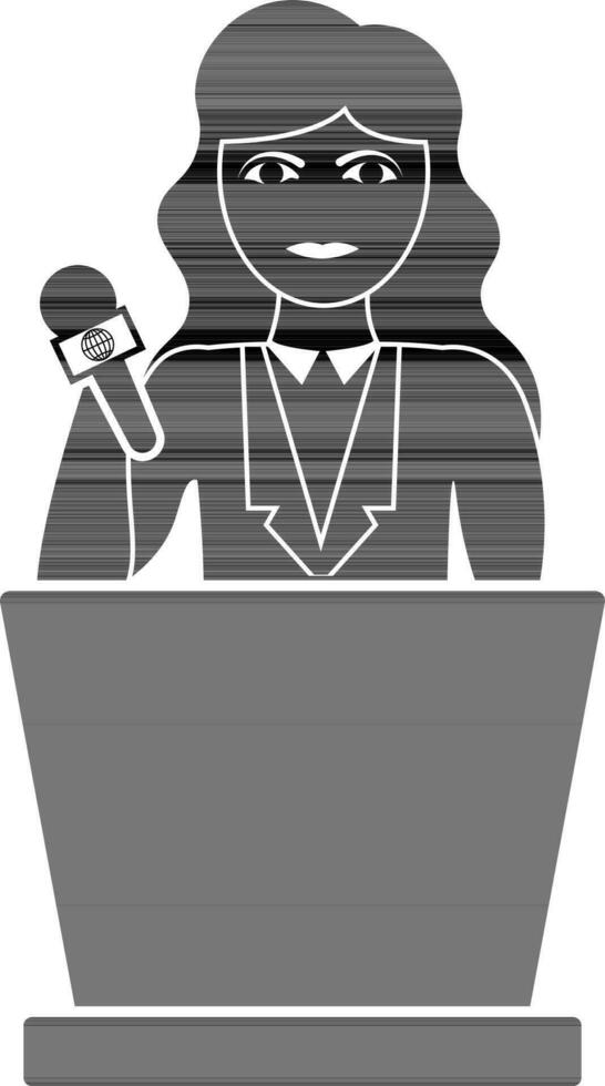 Girl holding microphone and stand on podium. vector