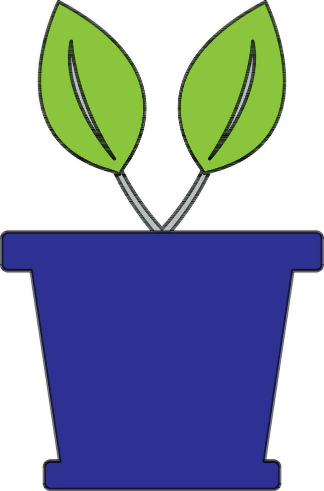 Blue pot icon with two leaf in color and stroke. vector