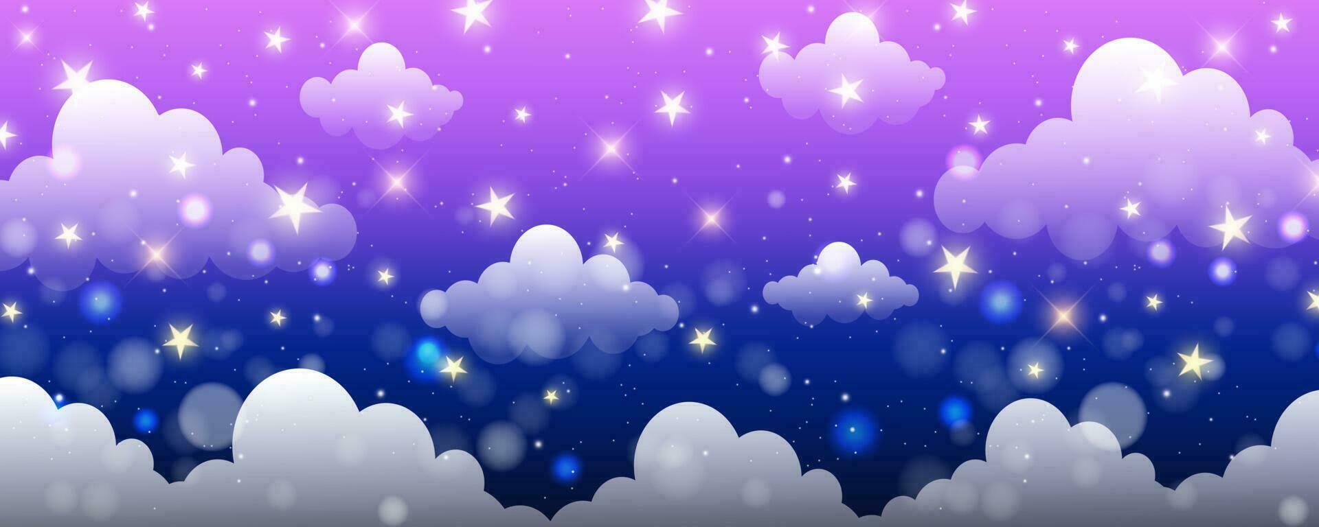 Night sky background with clouds and star. Purple dreamy space wallpaper. Cute abstract celestian universe. Cartoon magic evening gradient. Vector