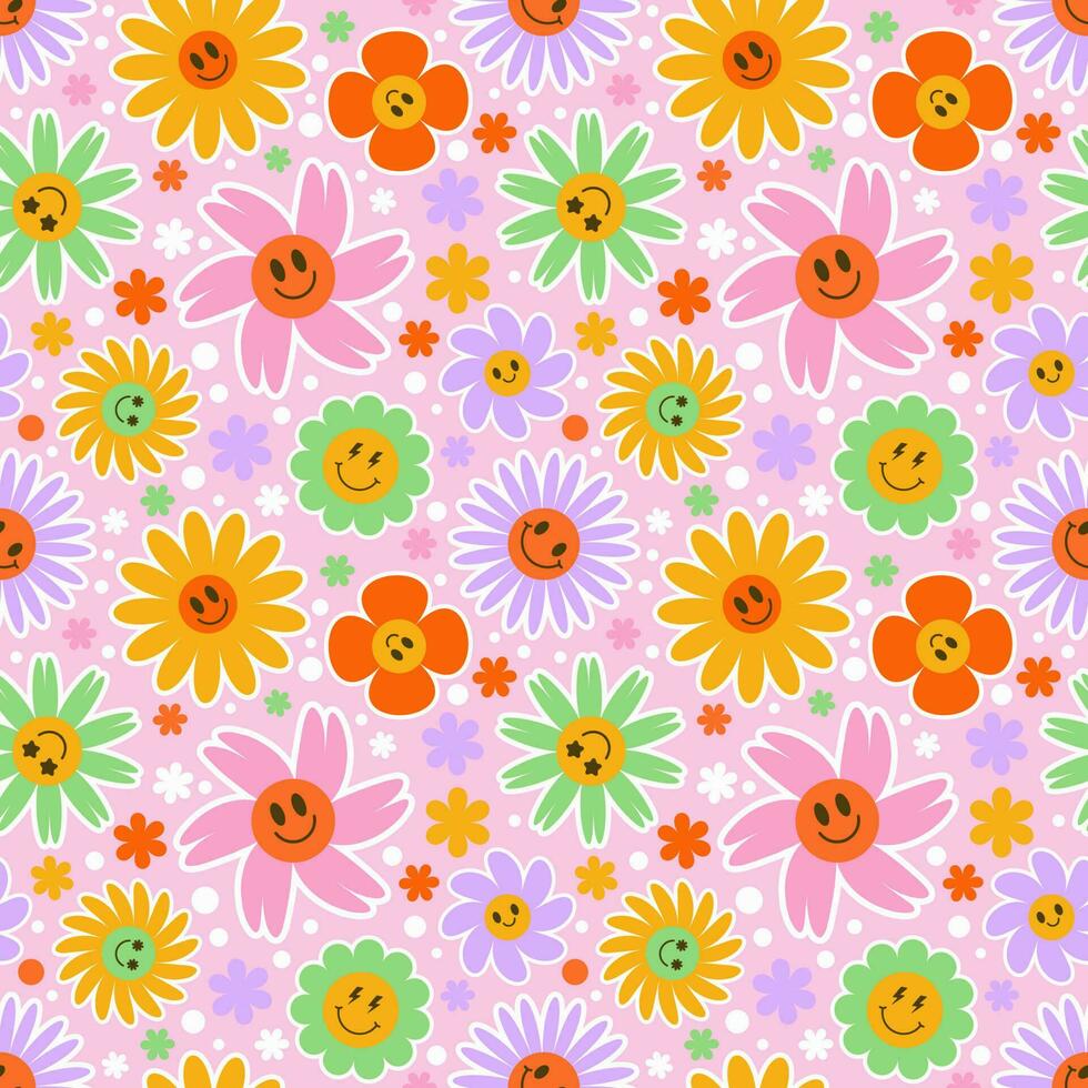 Groovy flower seamless pattern. Y2k floral smile background. Cartoon retro daisy print with funny faces. Vector trendy aesthetic illustration.