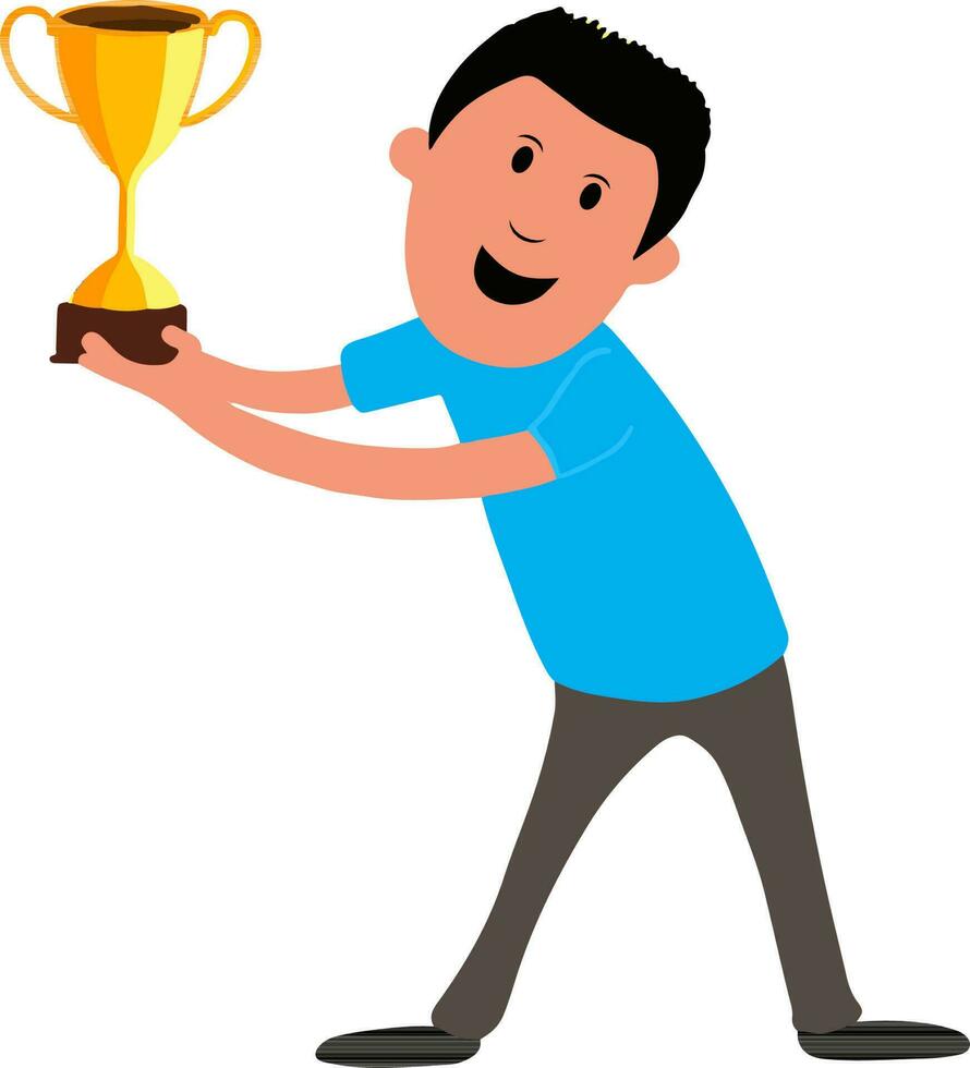 Young Man with golden trophy cup. vector