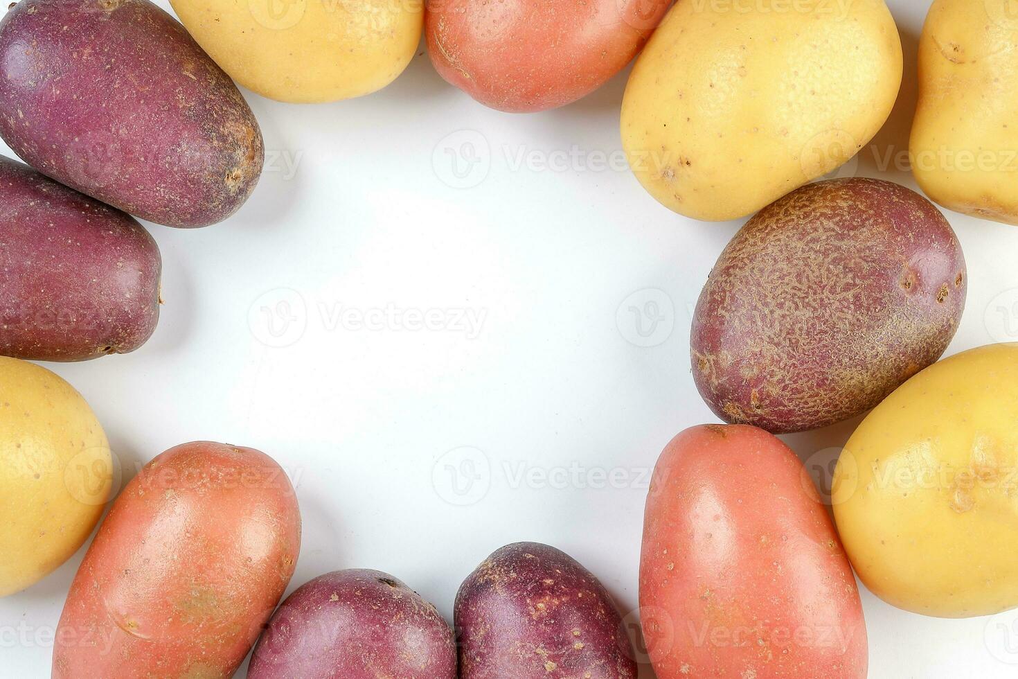 red purple yellow multi tri color small baby potato on white background frame border copy text space photo