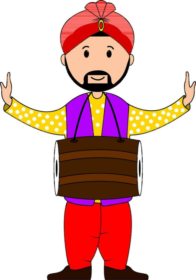 Character of Young Dancing Punjabi Man playing drum. vector