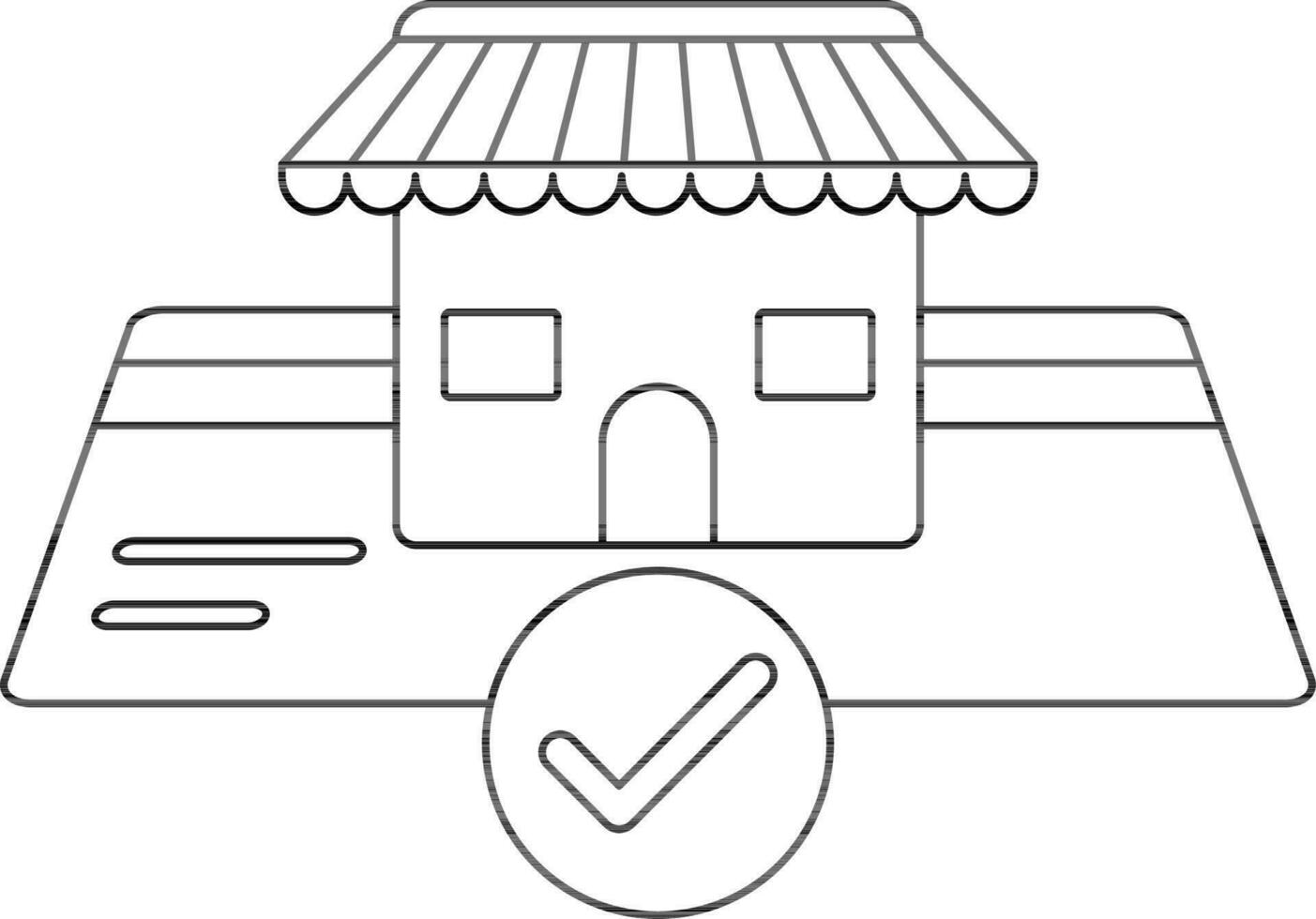 Line art hut on card with payment approved sign. vector