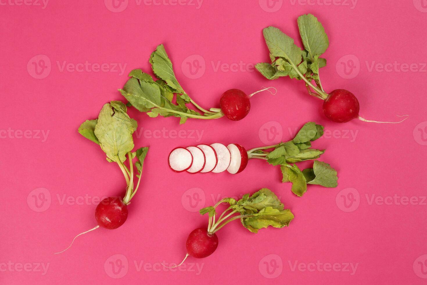 Small red radish on red ackground photo