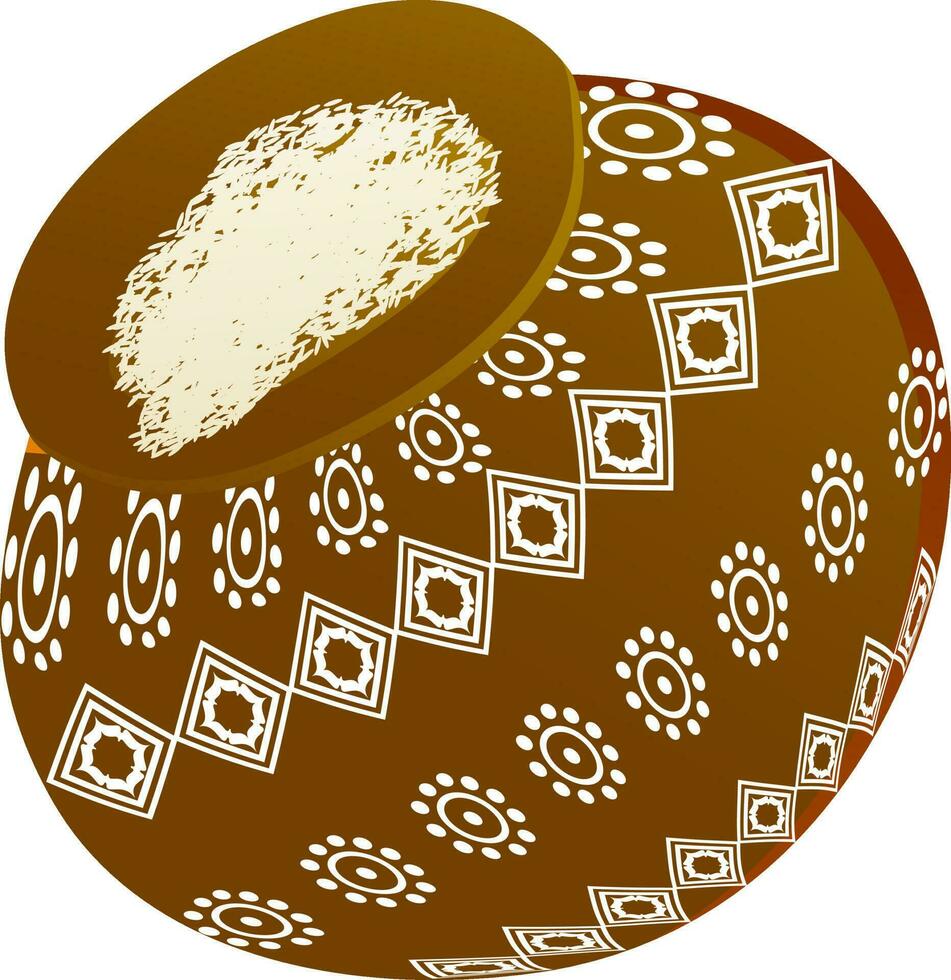 Decorated clay pot full of rice. vector