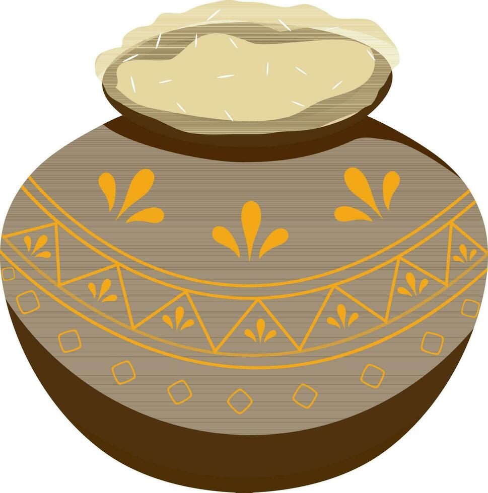 Isolated brown color mud pot decorated with yellow color design. vector