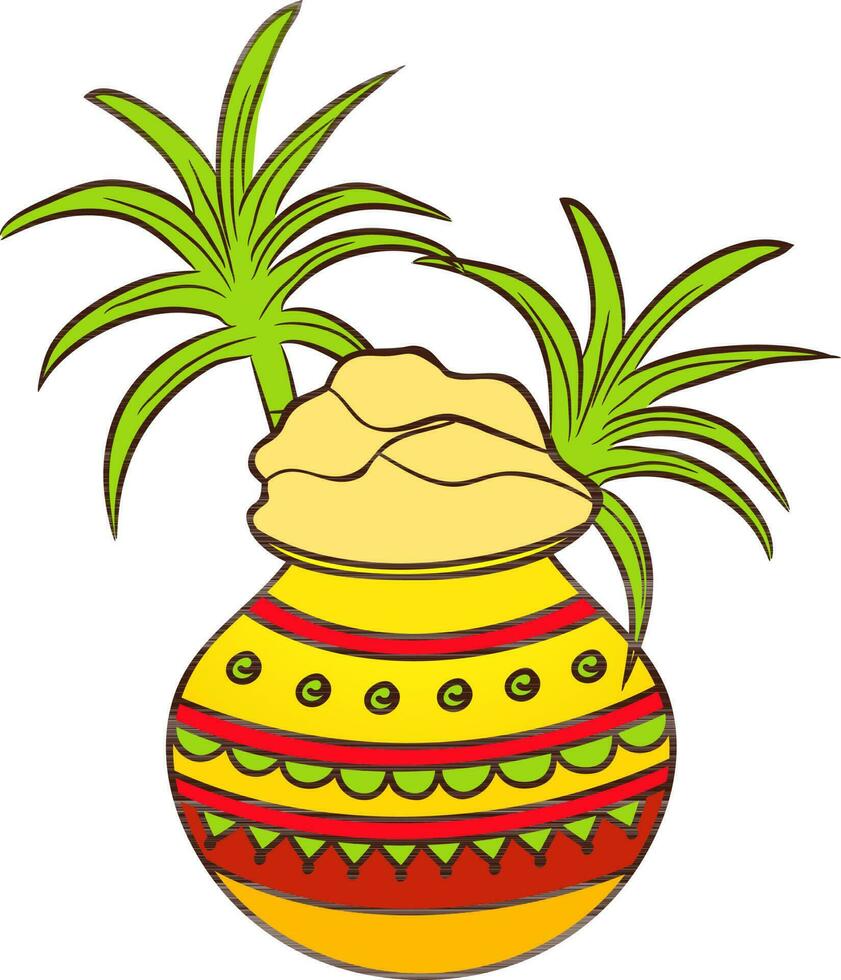 decorativo barro maceta con Caña de azúcar para pongal. vector