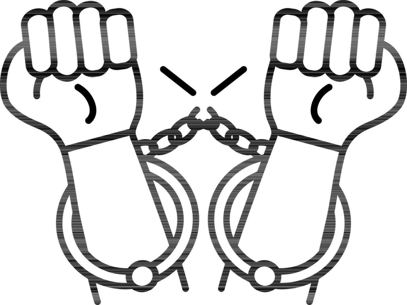 Broken handcuff with hand icon in line art. vector