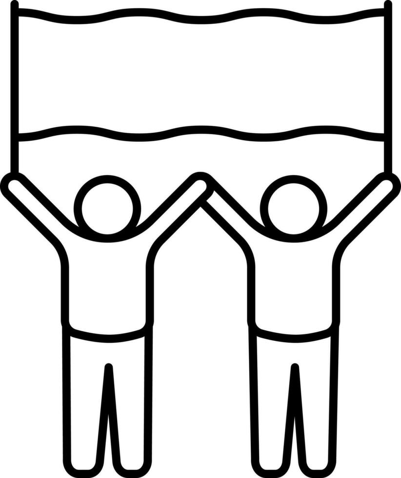 Two man holding banner or poster icon in black line art. vector