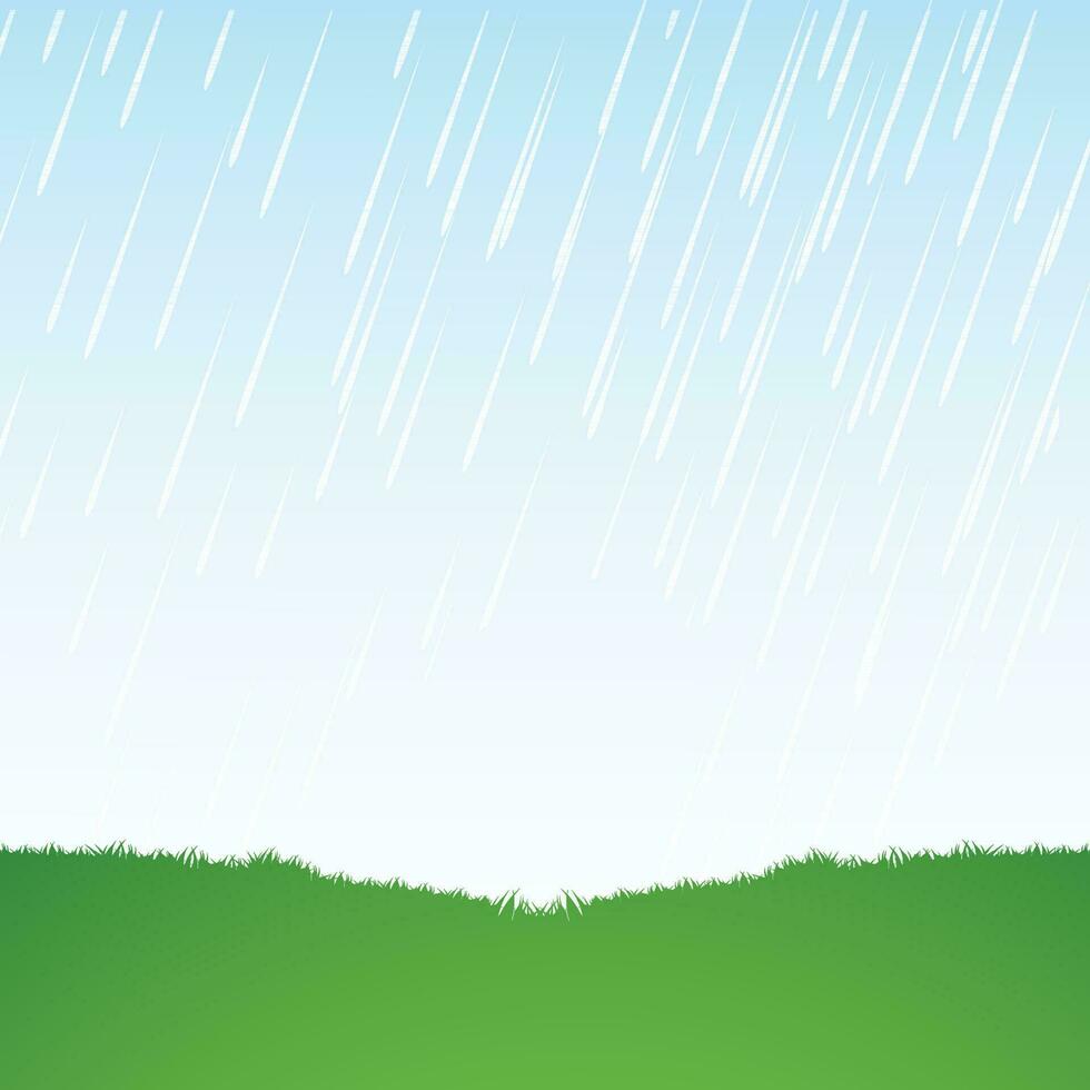 lluvia gotas que cae en el verde césped. vector