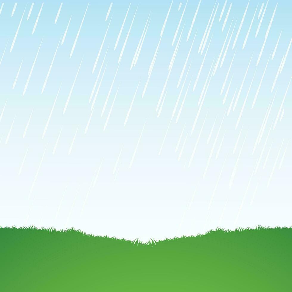 Rain drops falling on green grass. vector