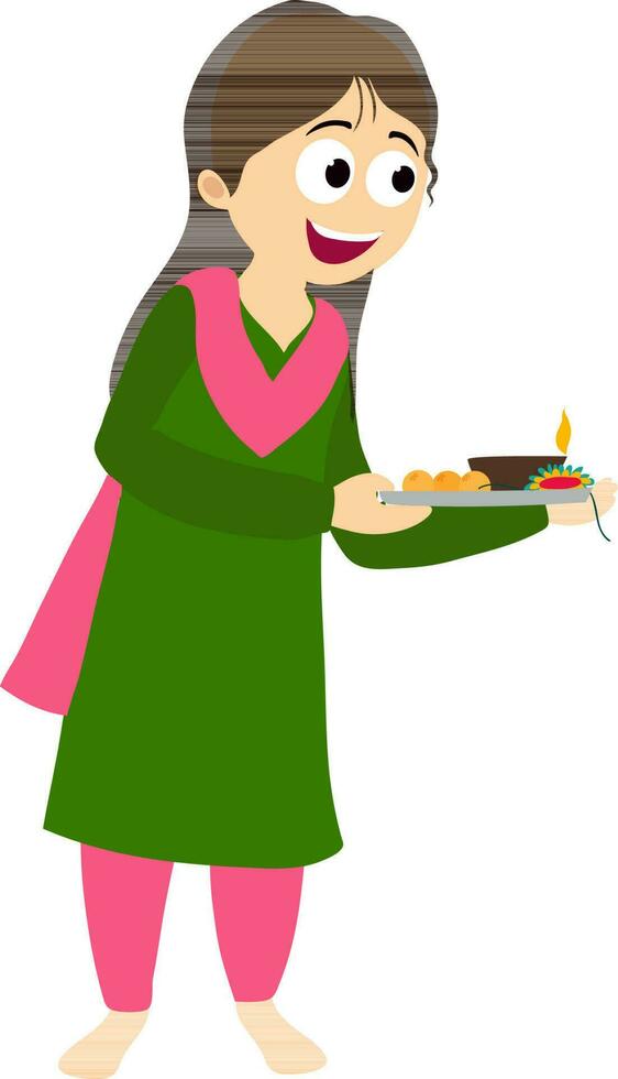 Character of a girl holding worship plate. vector