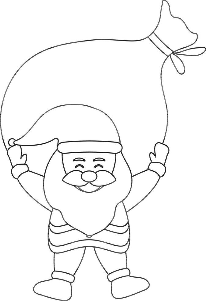 Santa Claus Lifting A Heavy Sack Icon in Black Line Art. vector