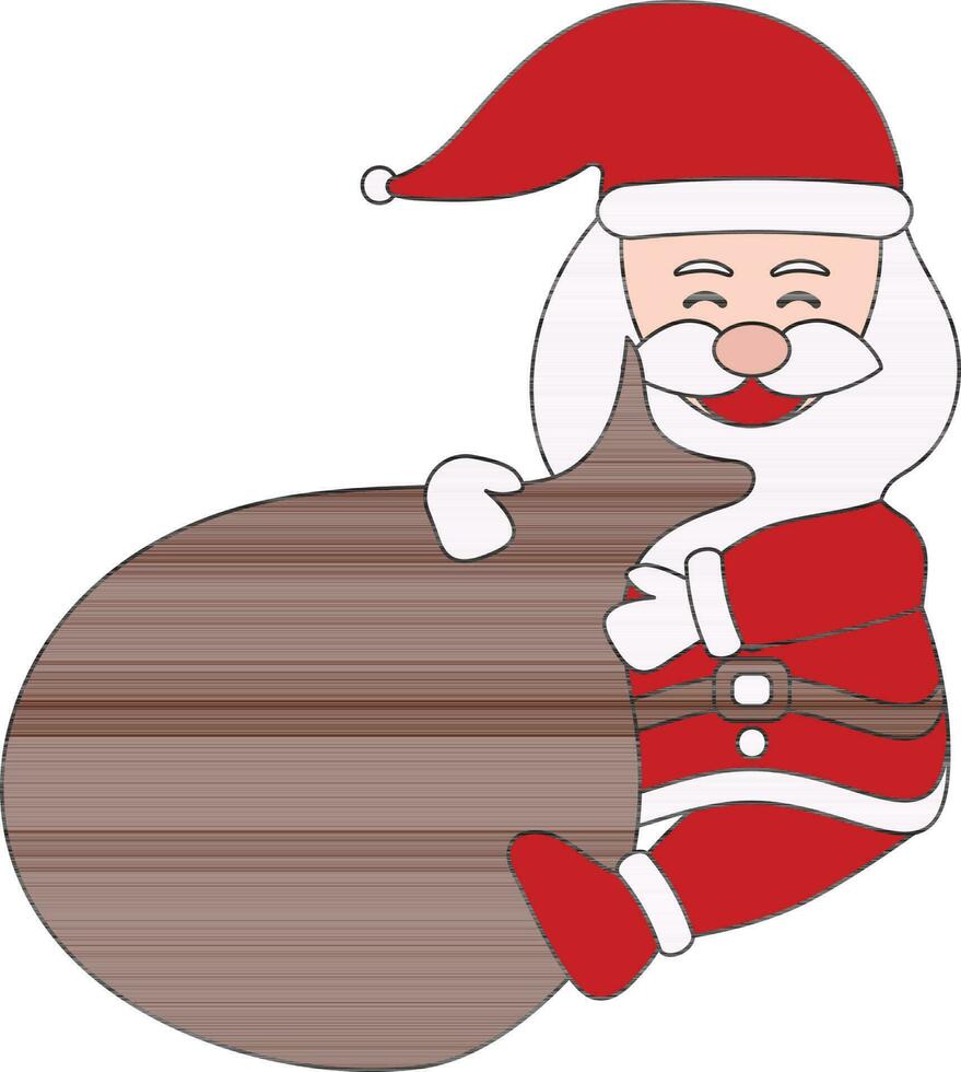 dibujos animados Papa Noel claus sentado con marrón pesado saco en plano estilo. vector