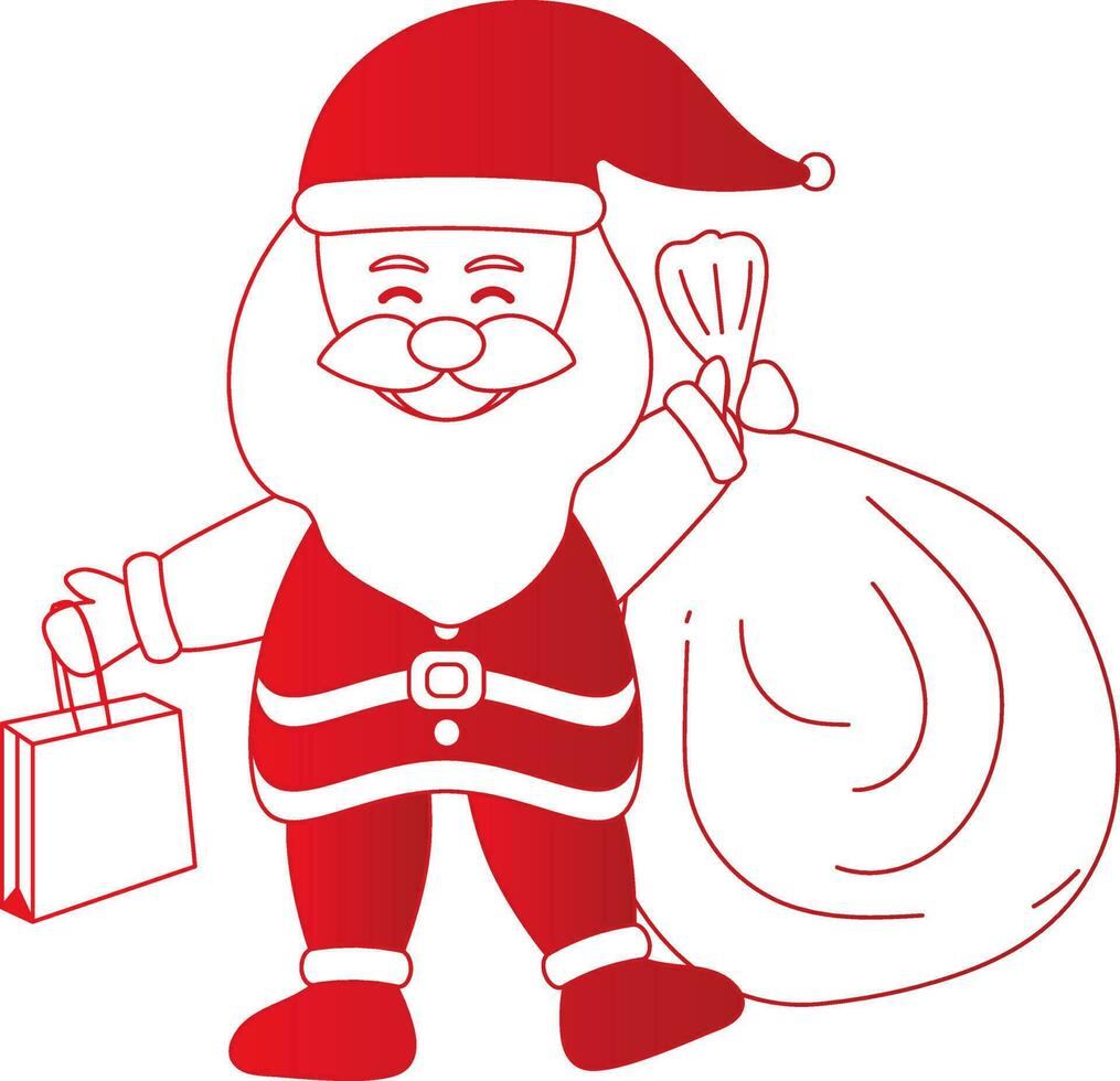 Papa Noel claus participación compras bolso con pesado saco icono en rojo y blanco color. vector