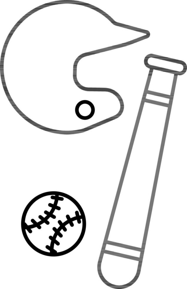 béisbol con murciélago y casco icono en negro línea Arte. vector