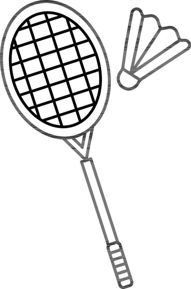 Line Art Badminton Racket with Shuttlecock Icon on White Background. vector