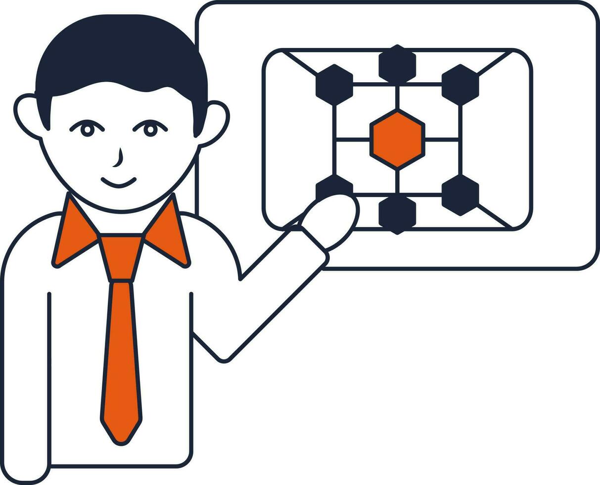 Vector illustration of businessman presentation with algorithm diagram screen.