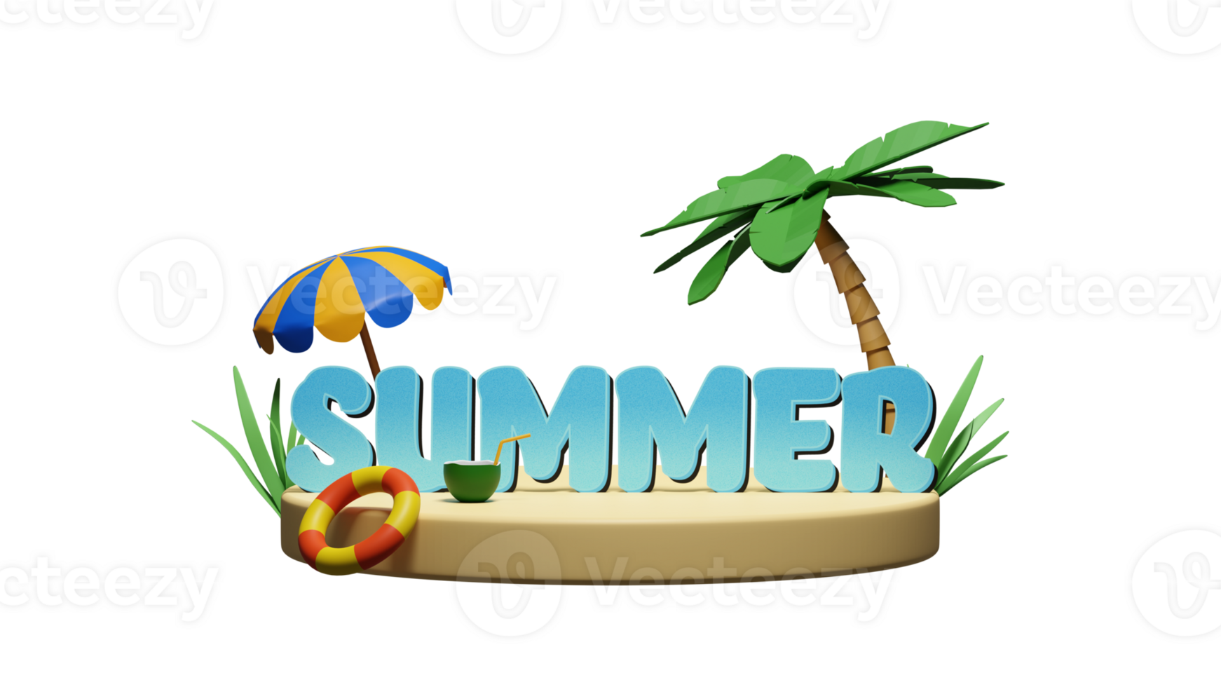 3d verano texto con pelota, nadando anillo y paraguas en playa para disfrutando verano tiempo. png