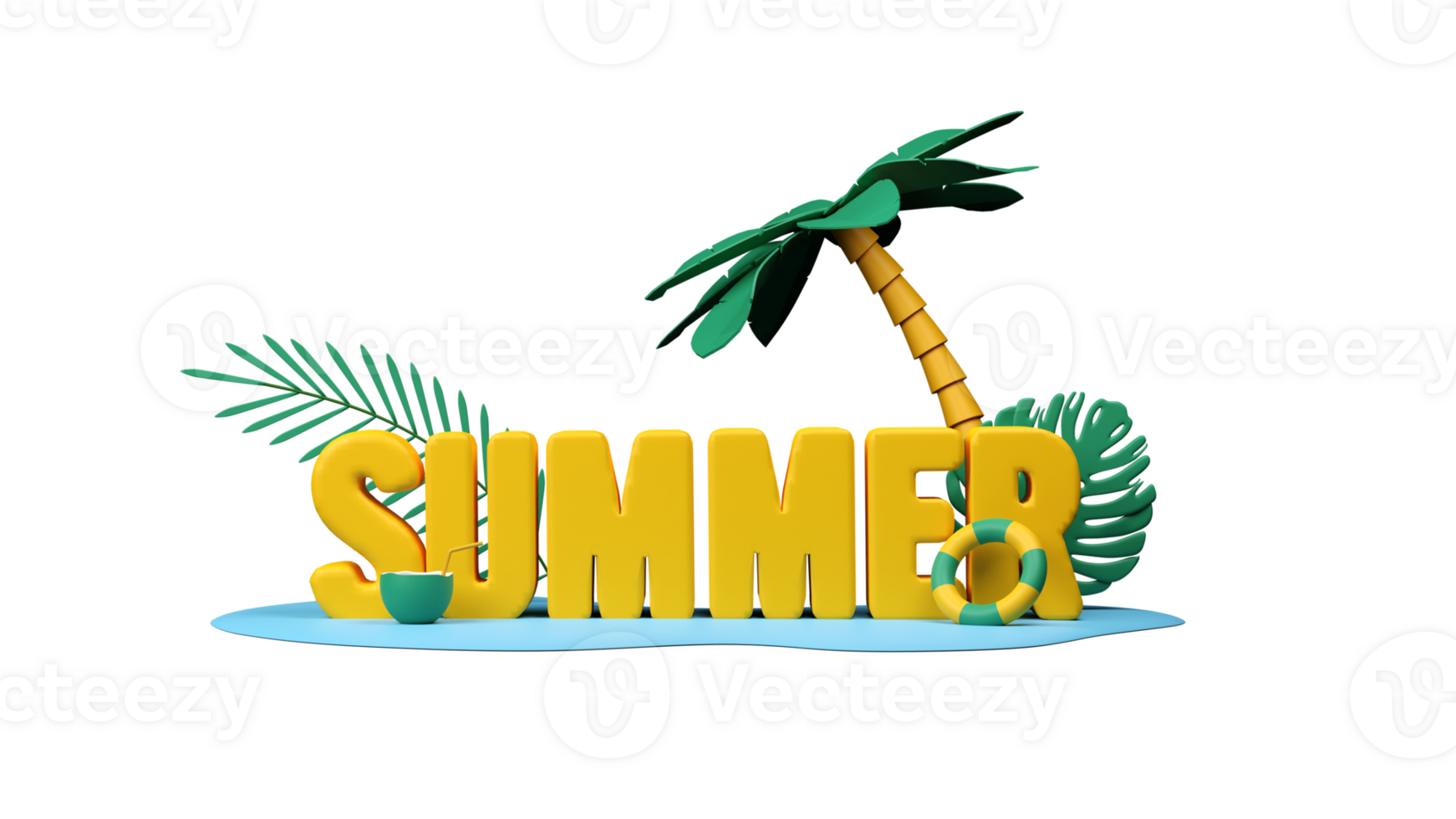 3D Yellow Summer Text with Coconut Drink, Swimming Ring and Palm Tree for Summer Celebration Banner Design png
