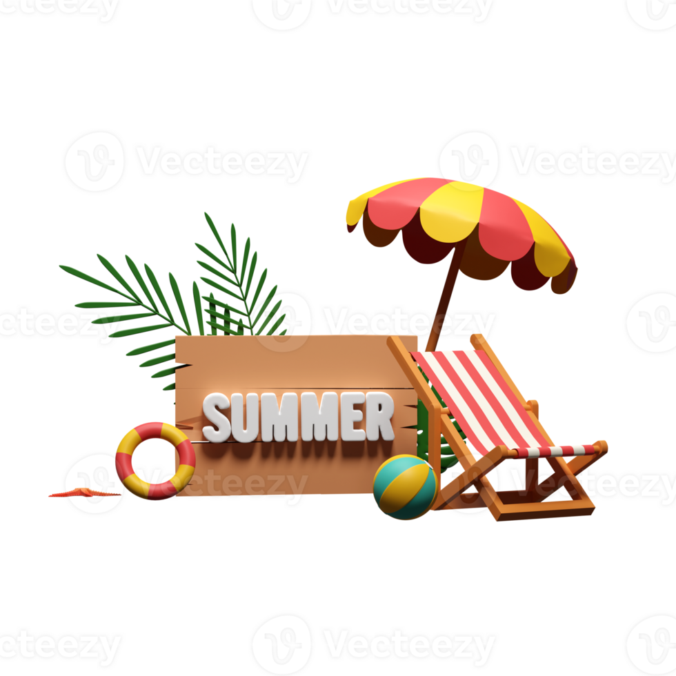 3D Summer Sign Text Wooden Board with Ball, Swimming Ring and Chair on Beach for Enjoying Summer Time. png