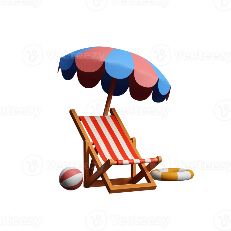 3D Render of Empty Beach Chair Under Umbrella with Ball and Swimming Ring Element. png