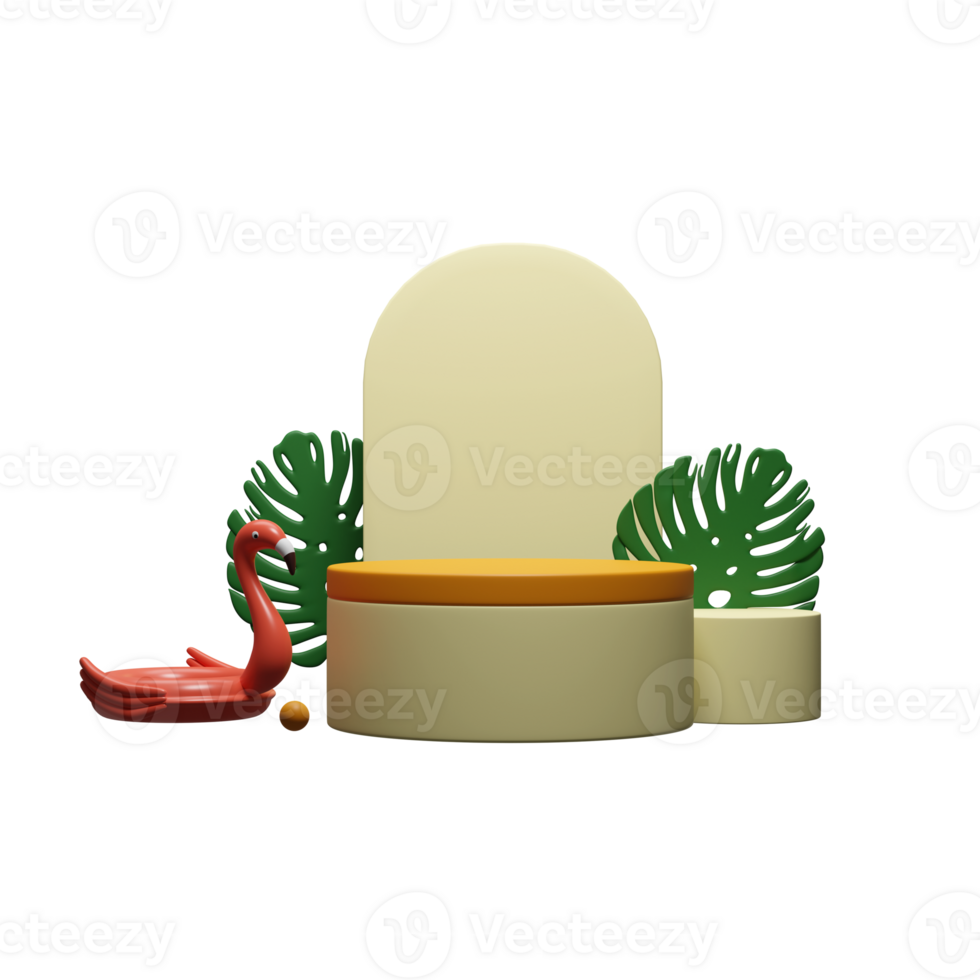 3d geven van leeg geometrie geel podium versierd met zwemmen opblaasbaar flamingo en monstera bladeren voor reclame concept. png