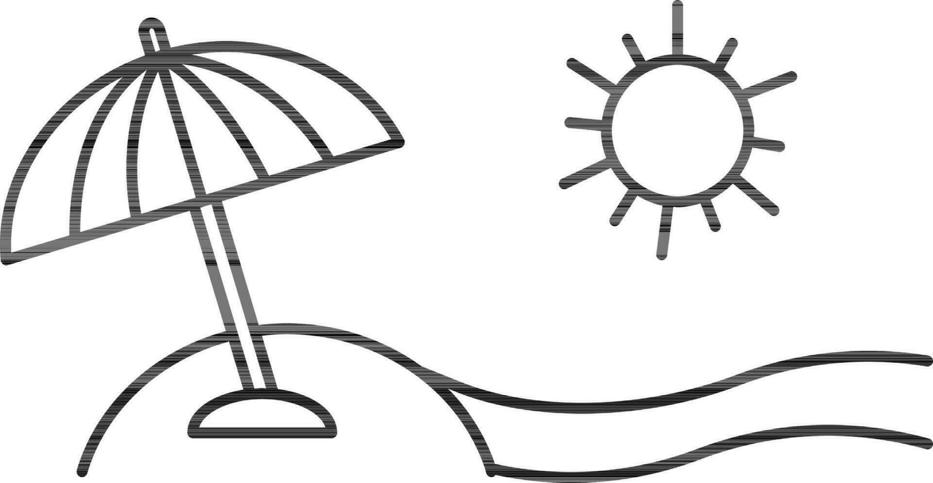 Line Art Illustration of Umbrella in Sand with Sun for Beach Icon. vector