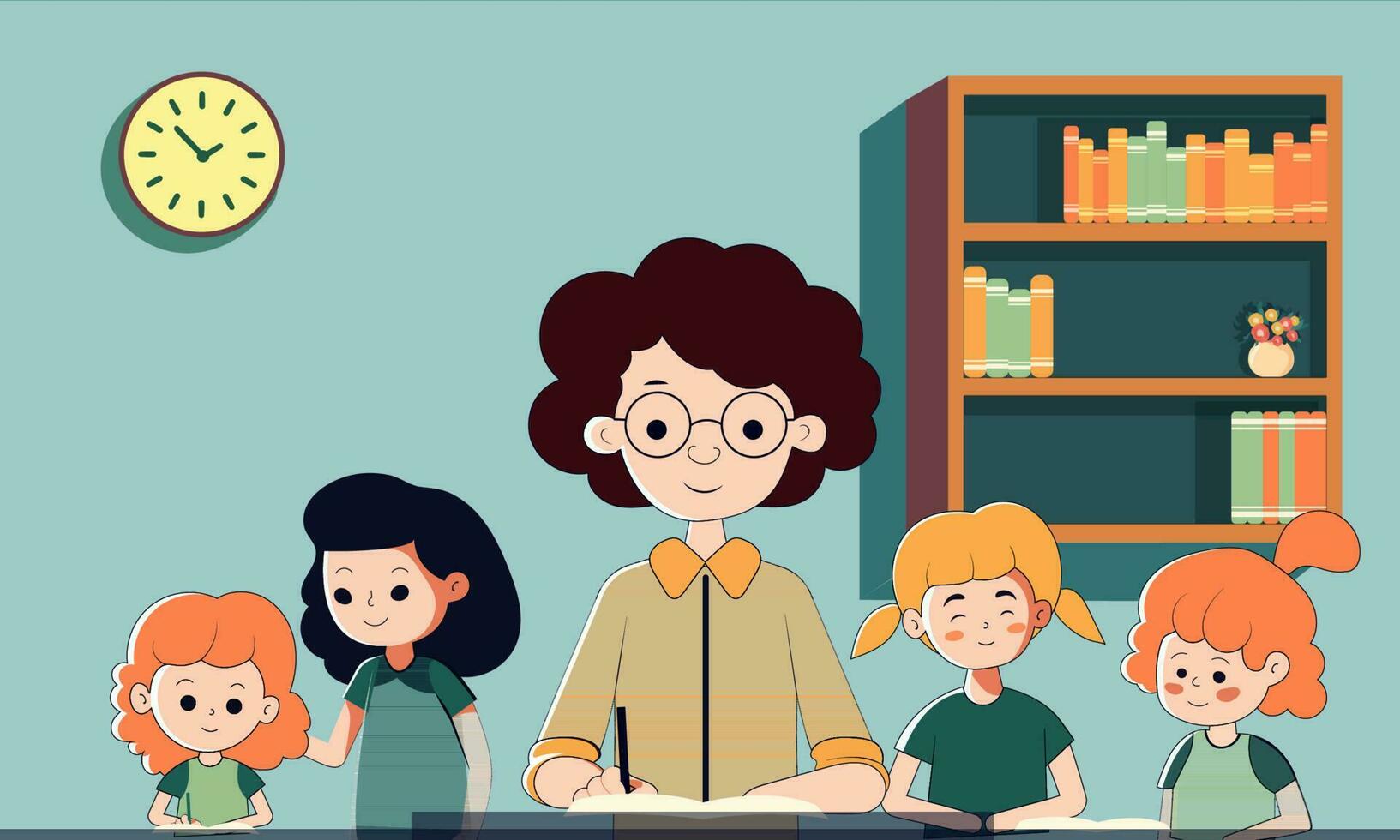 Vector Illustration of Female Teacher In Classroom With Her Students On Blue Background.