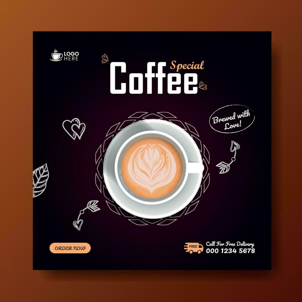 Special coffee drink menu sale promotional social media post banner template. Cafeteria advertisement concept, espresso, shop marketing square ad. Coffee cup with smoke and coffee beans vector