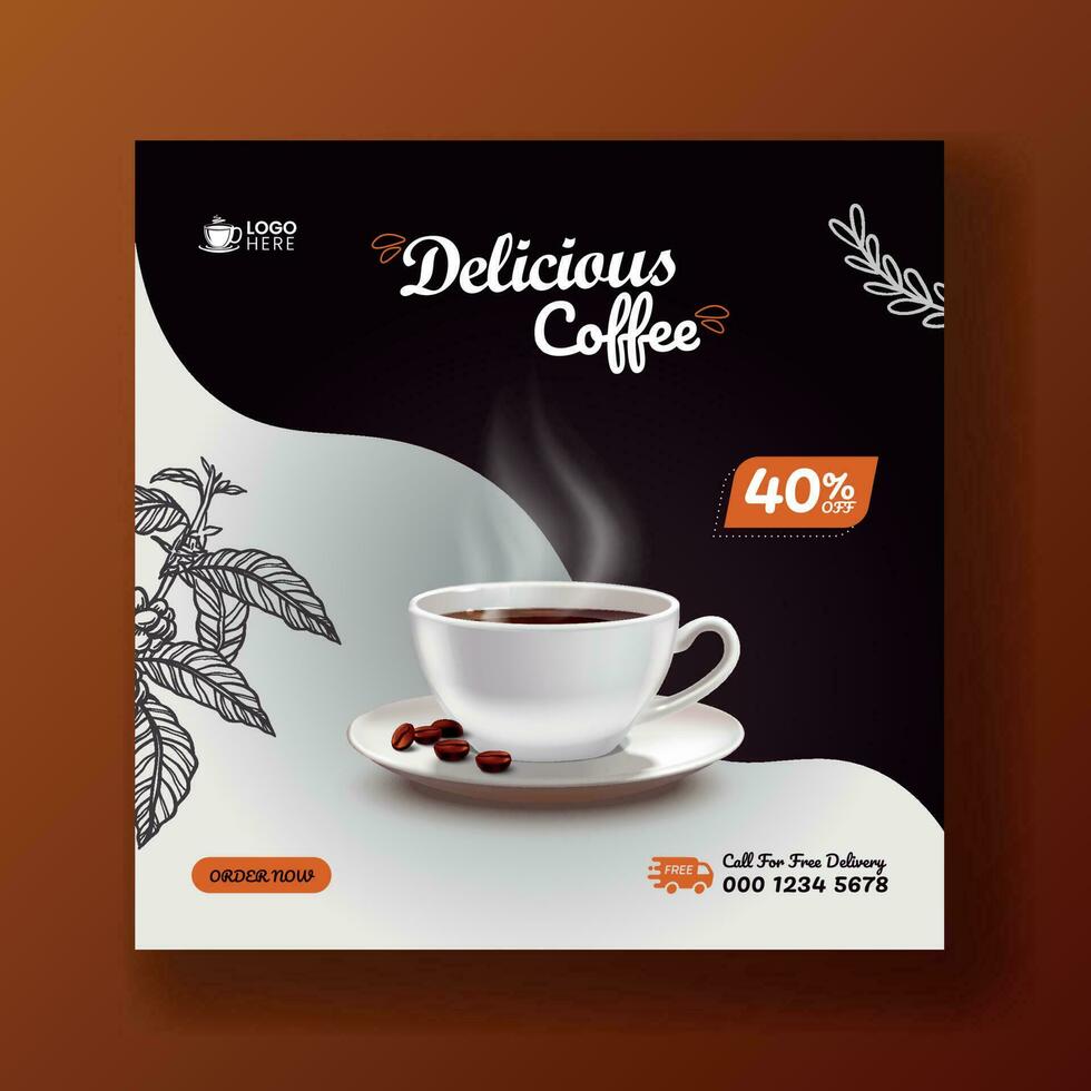 Special coffee drink menu sale promotional social media post banner template. Cafeteria advertisement concept, espresso, shop marketing square ad. Coffee cup with smoke and coffee beans vector