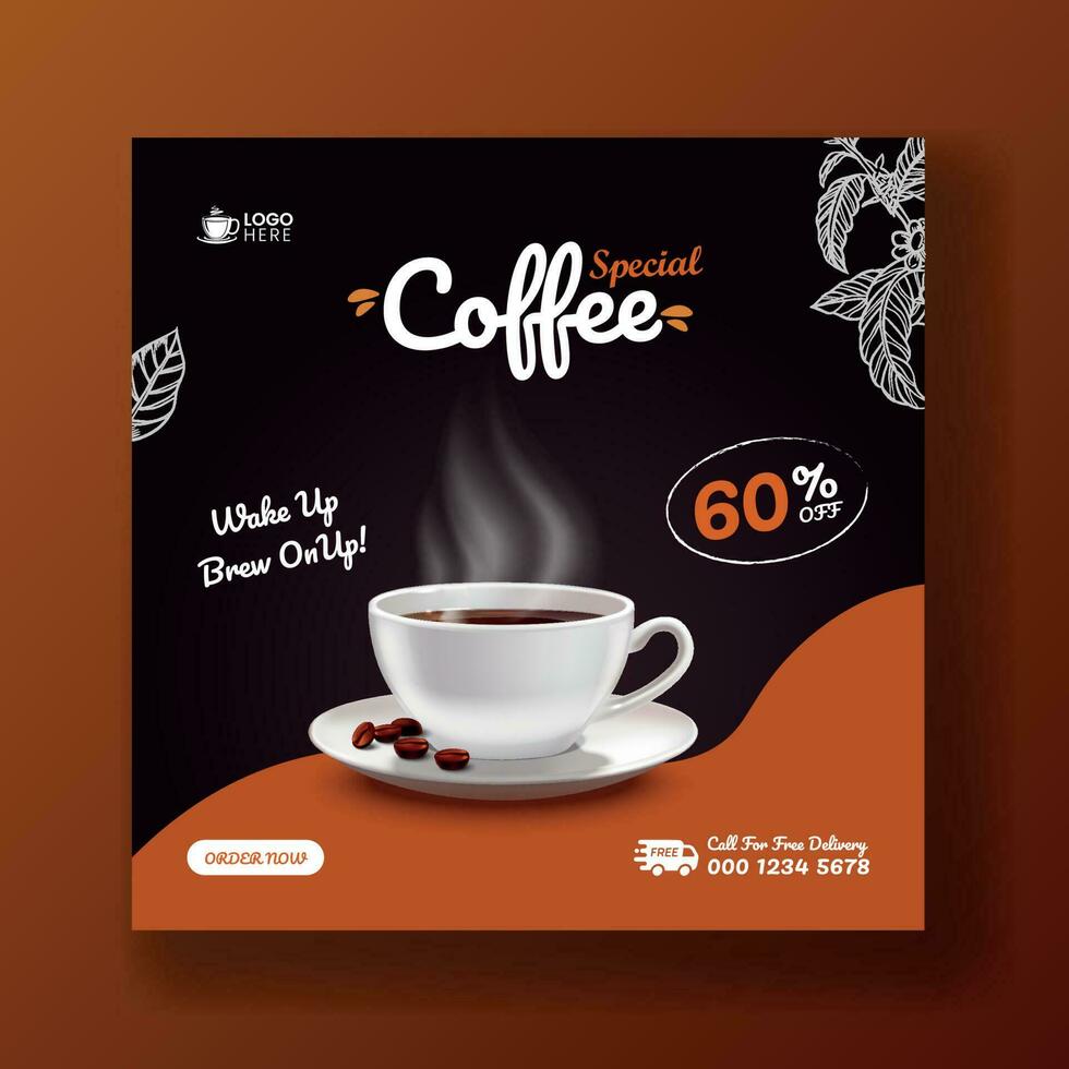 Special coffee drink menu sale promotional social media post banner template. Cafeteria advertisement concept, espresso, shop marketing square ad. Coffee cup with smoke and coffee beans vector