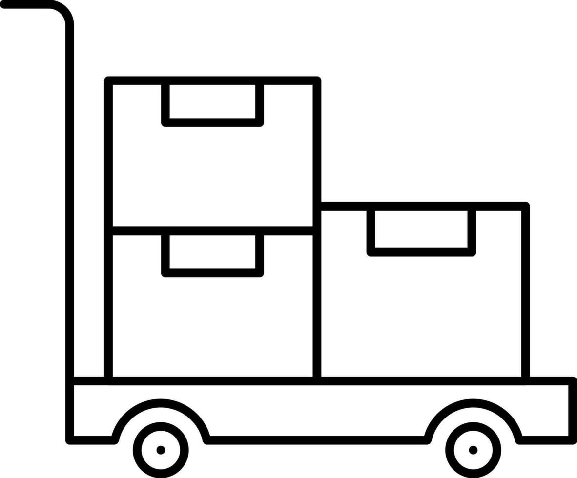 empujar carro con cajas icono en negro línea Arte. vector