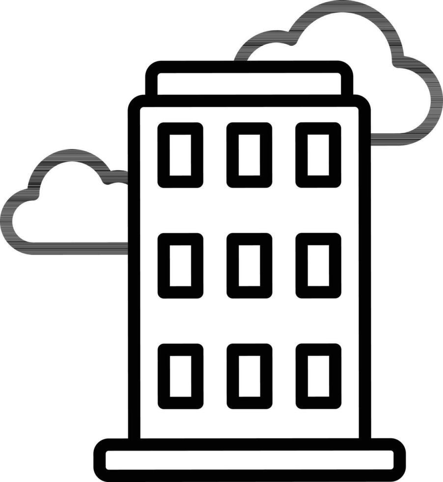 Skyline building with cloud icon in black line art. vector