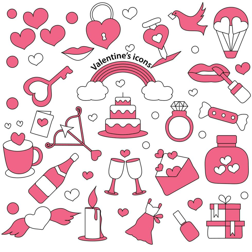 Set of Valentine's Icon In Pink And White Color. vector