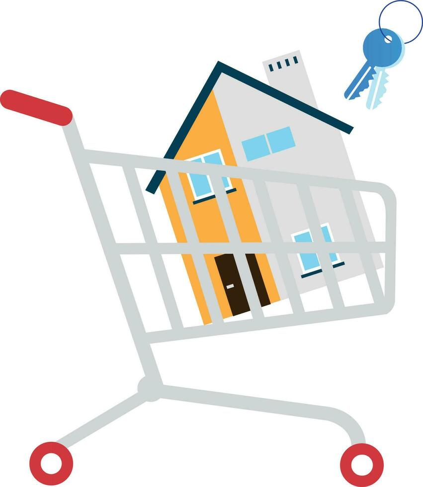 House and house keys in a shopping cart, real estate concept vector