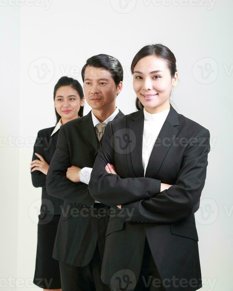 Young Asian man woman wearing business office suit stand white background photo