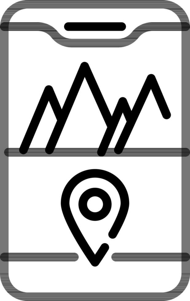 Black Line Art Illustration of Mountain with Map Pin in Smartphone Screen Icon. vector