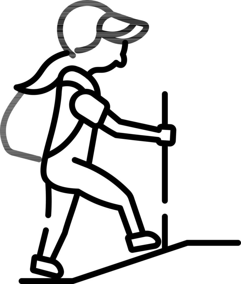 Female Mountaineer Climbing Icon in Black Line Art. vector