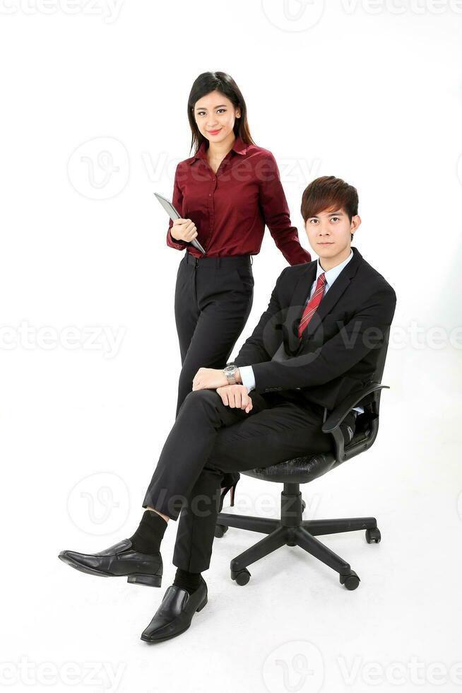 Young attractive man woman business office white background sitl stand looking photo