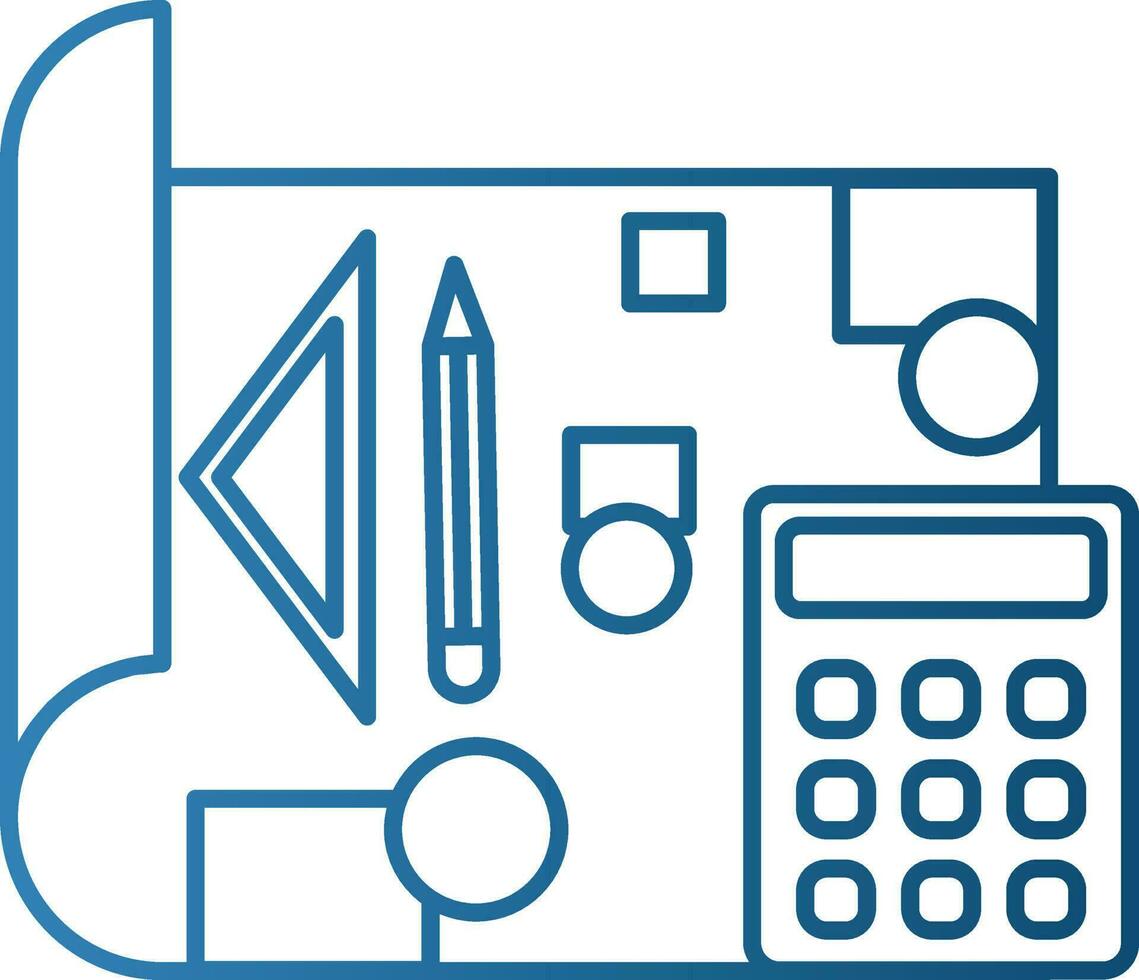 Blueprint With Calculator Icon In Blue Outline. vector