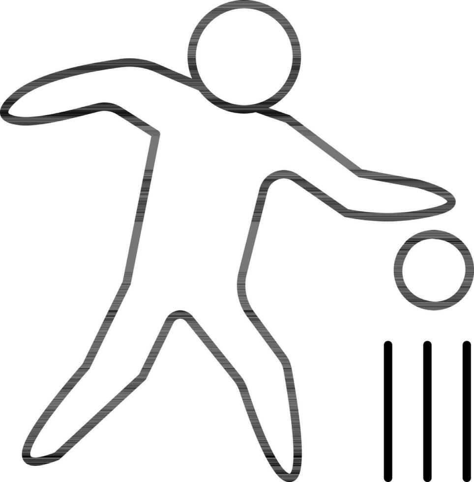 Player Ball Hit Wicket Icon In Black Outline. vector