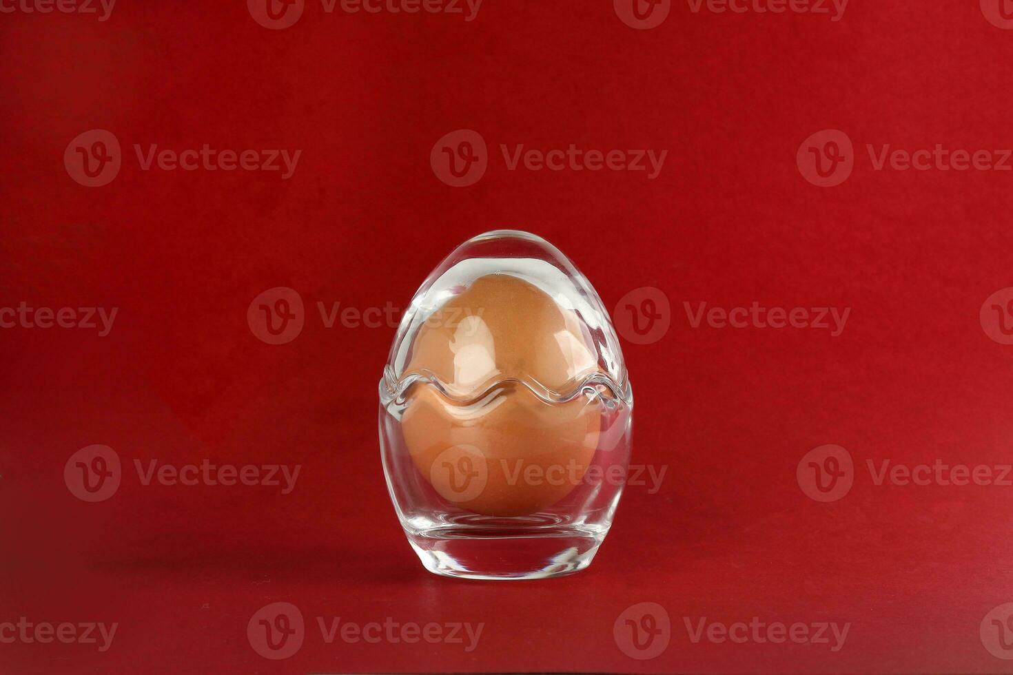 Egg in egg shape glass container protection shell on red background safety security photo