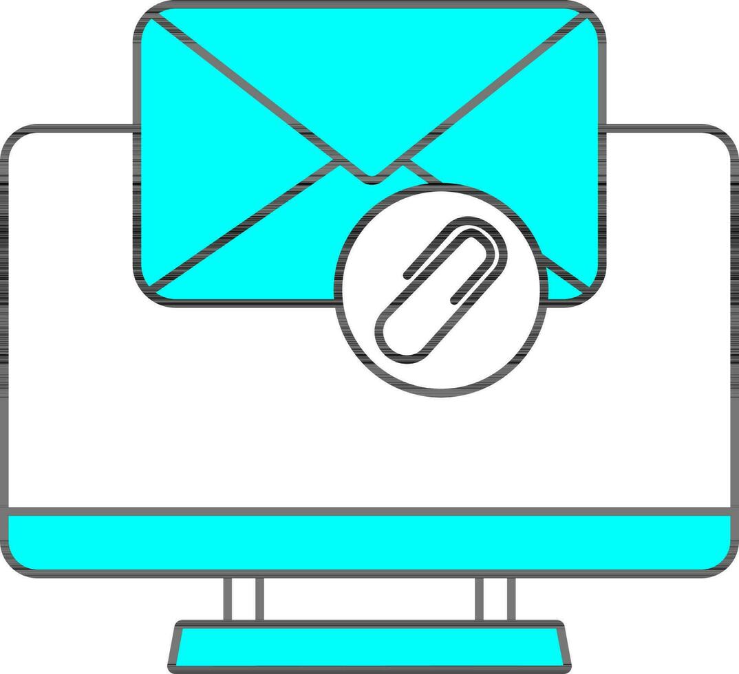 Computer With Mail Icon Or Symbol In Cyan And White Color. vector