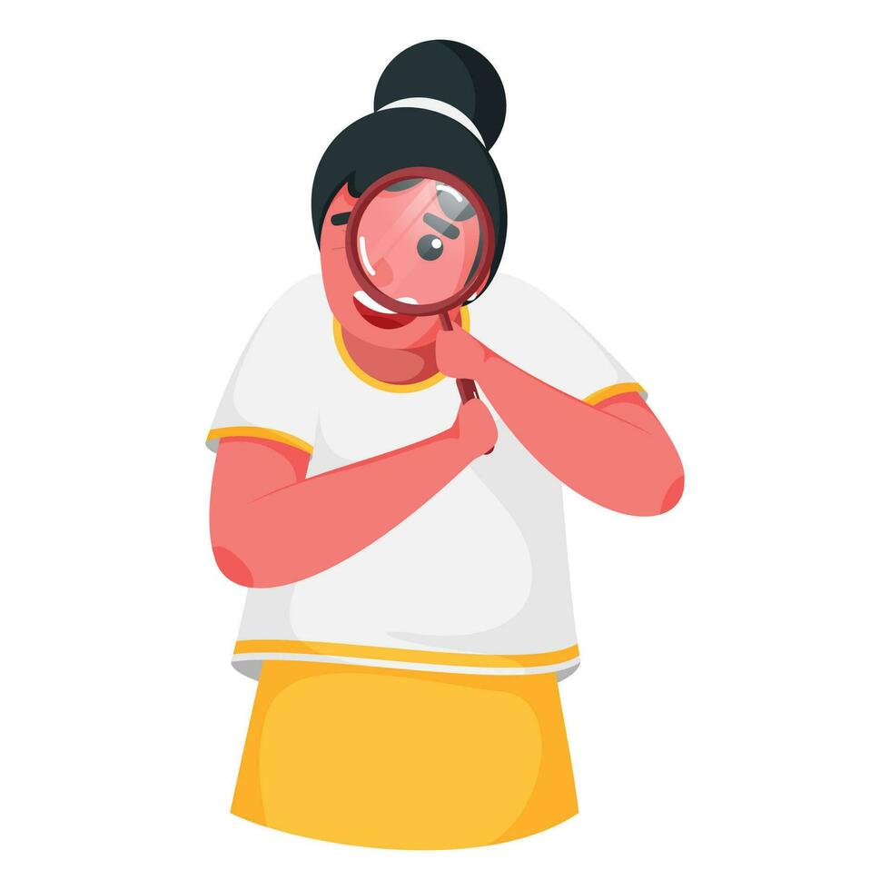 Cheerful Cartoon Girl Searching From Magnifying Glass On White Background. vector