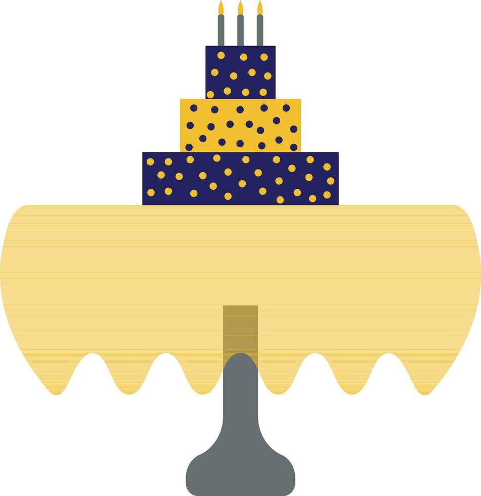 Decorated cake with burning candle on table in cover. vector