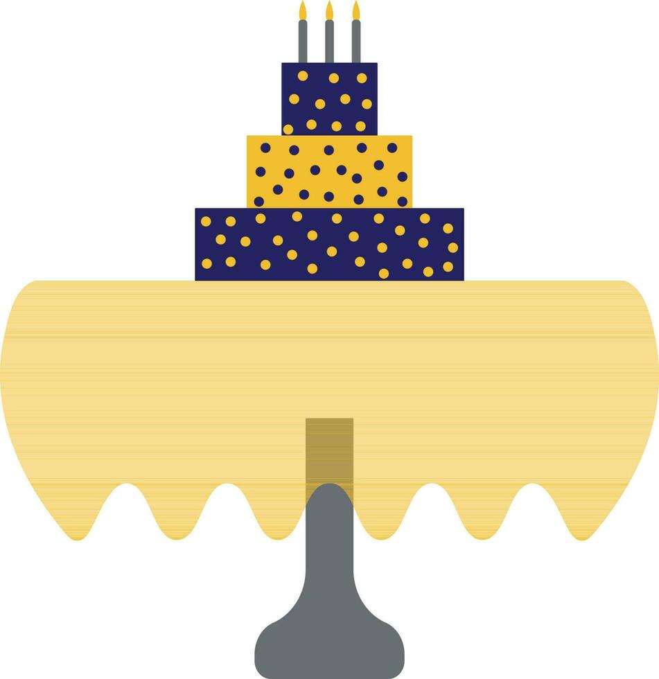 Decorated cake with burning candle on table in cover. vector
