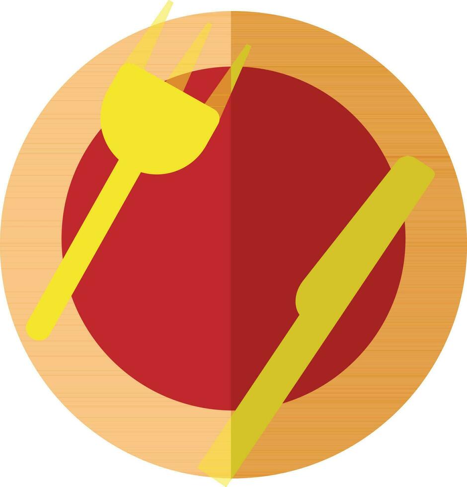 Red and orange plate on yellow fork with knife. vector