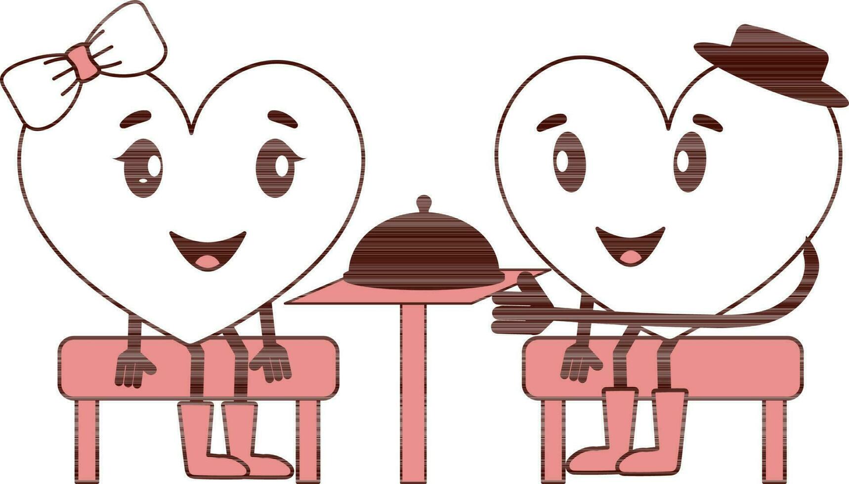 Vector Illustration Of Cartoon Heart Couple Enjoying Dating At Table.